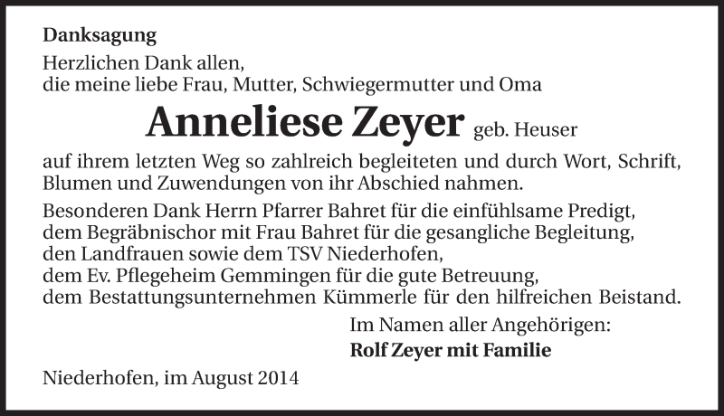  Traueranzeige für Anneliese Zeyer vom 02.09.2014 aus 
