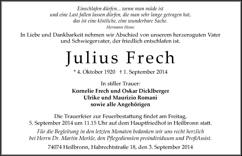  Traueranzeige für Julius Frech vom 03.09.2014 aus 