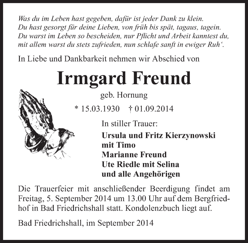  Traueranzeige für Irmgard Freund vom 03.09.2014 aus 