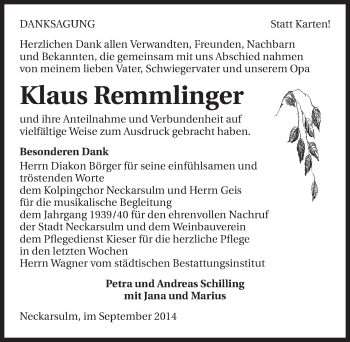 Traueranzeige von Klaus Remmlinger 