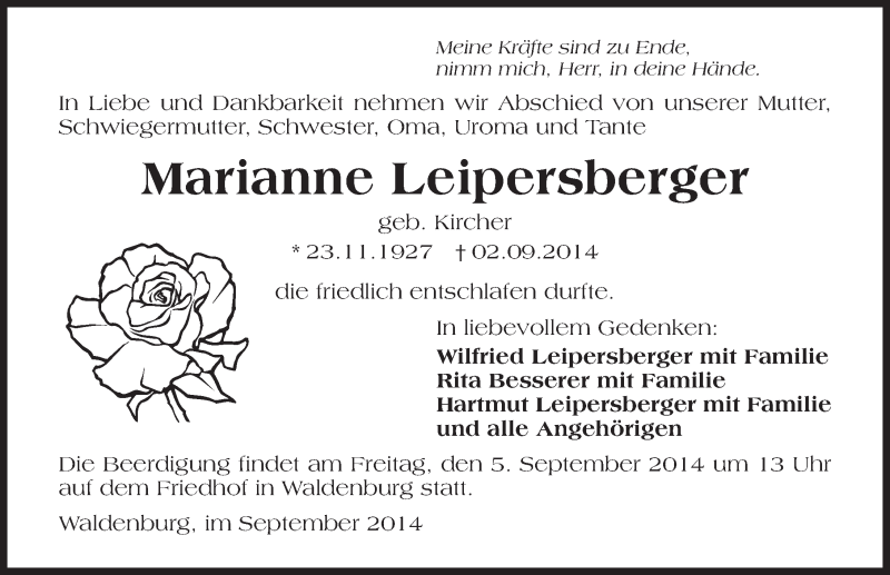  Traueranzeige für Marianne Leipersberger vom 03.09.2014 aus 