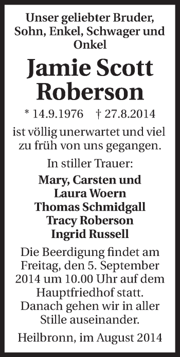 Traueranzeige von Jamie Scott Roberson 