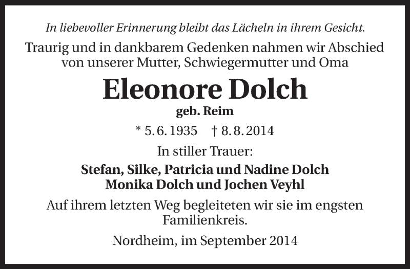  Traueranzeige für Eleonore Dolch vom 06.09.2014 aus 