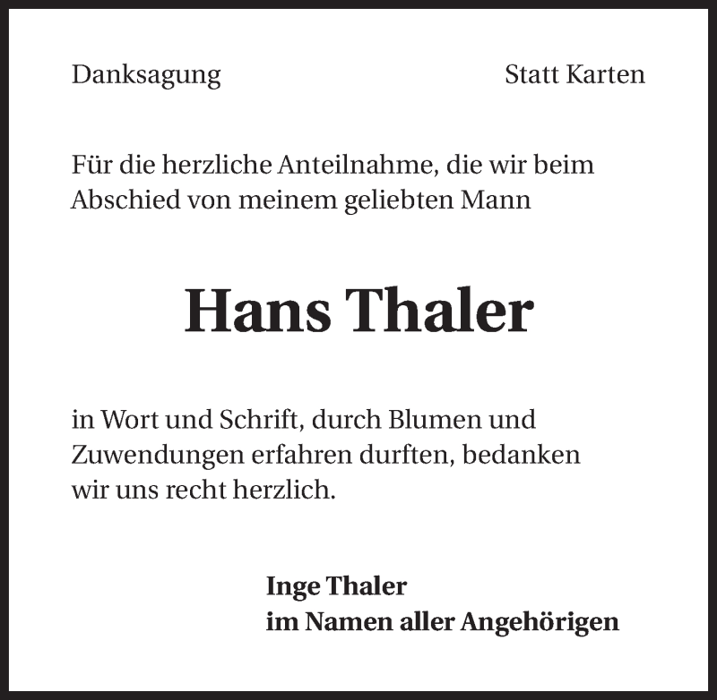  Traueranzeige für Hans Thaler vom 06.09.2014 aus 
