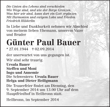 Traueranzeige von Günter Paul Bauer 