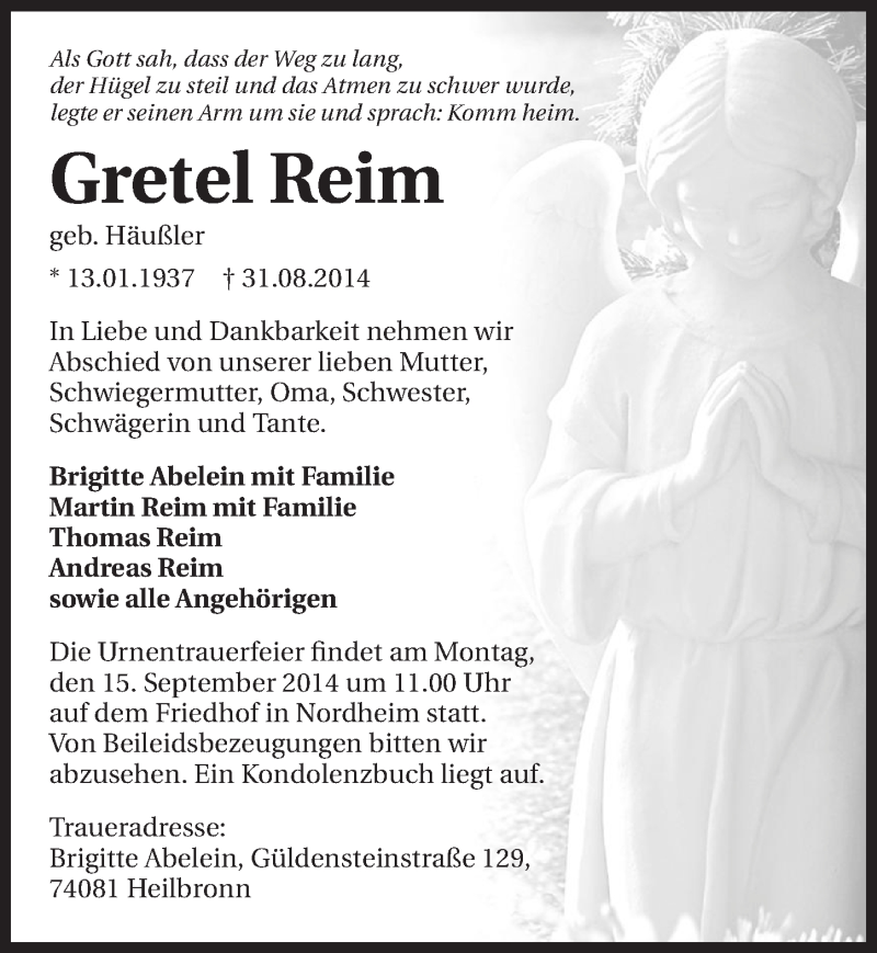  Traueranzeige für Gretel Reim vom 10.09.2014 aus 