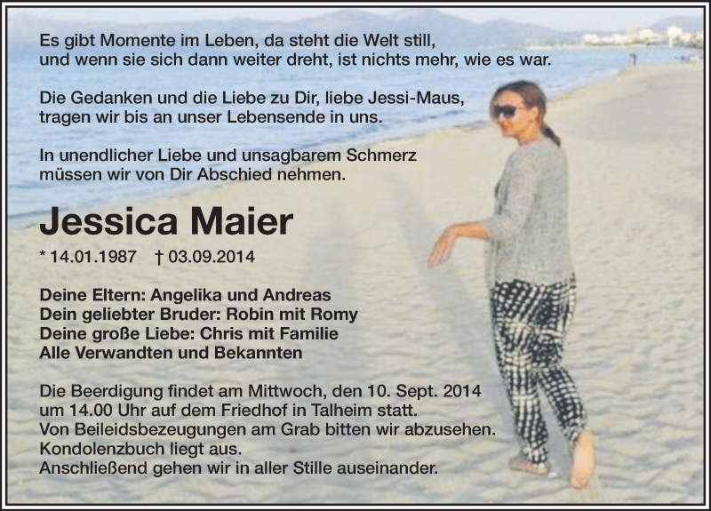  Traueranzeige für Jessica Maier vom 06.09.2014 aus 