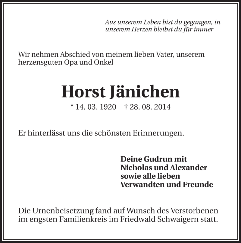  Traueranzeige für Horst Jänichen vom 13.09.2014 aus 