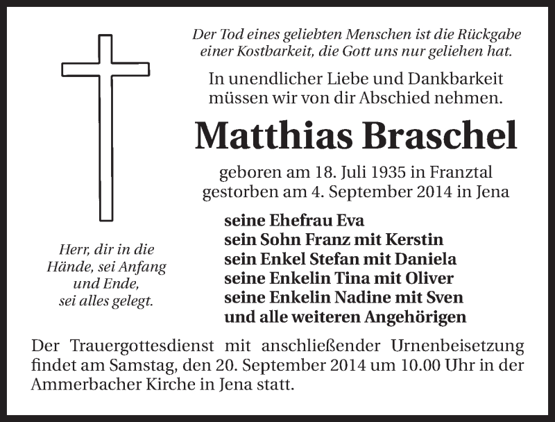  Traueranzeige für Stefan Braschel vom 10.09.2014 aus 