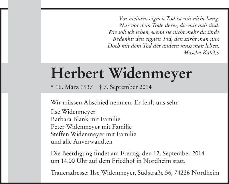  Traueranzeige für Herbert Widenmeyer vom 10.09.2014 aus 