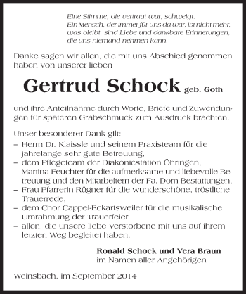 Traueranzeige von Gertrud Schock 