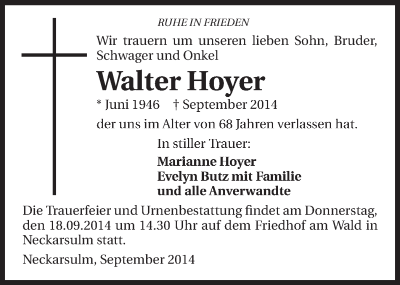  Traueranzeige für Walter Hoyer vom 10.09.2014 aus 