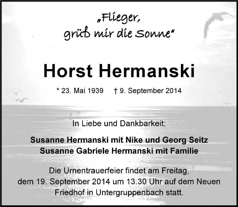  Traueranzeige für Horst Hermanski vom 13.09.2014 aus 