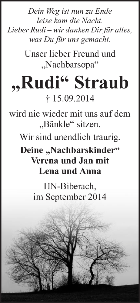  Traueranzeige für Rudi Straub vom 17.09.2014 aus 