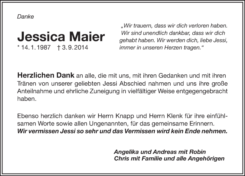  Traueranzeige für Jessica Maier vom 20.09.2014 aus 