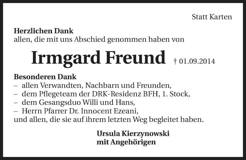  Traueranzeige für Irmgard Freund vom 18.09.2014 aus 