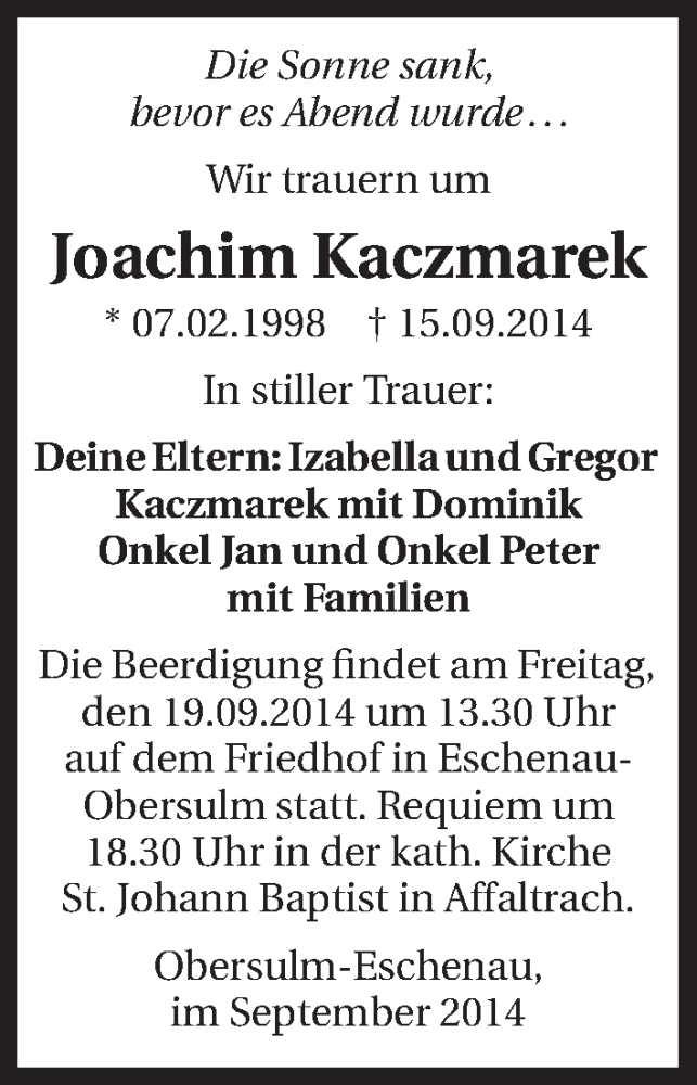  Traueranzeige für Joachim Kaczmarek vom 18.09.2014 aus 