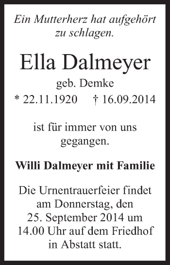 Traueranzeige von Ella Dalmeyer 