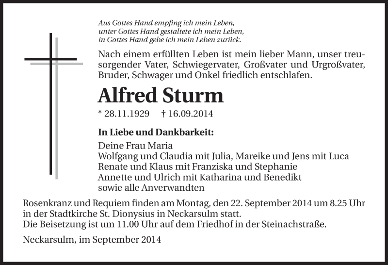  Traueranzeige für Alfred Sturm vom 19.09.2014 aus 