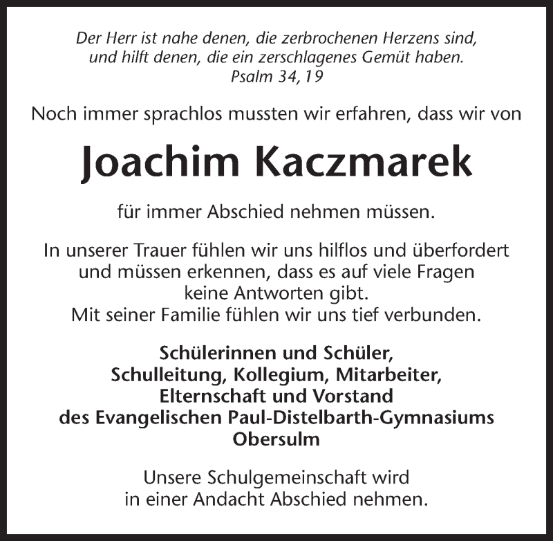  Traueranzeige für Joachim Kaczmarek vom 20.09.2014 aus 