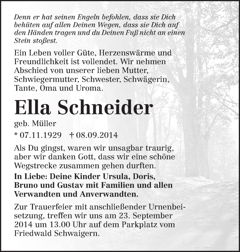  Traueranzeige für Ella Schneider vom 20.09.2014 aus 