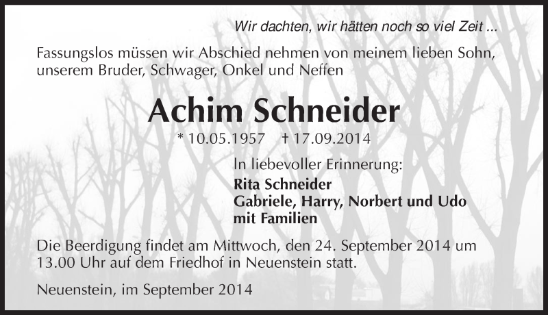  Traueranzeige für Achim Schneider vom 22.09.2014 aus 