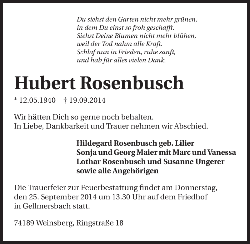  Traueranzeige für Hubert Rosenbusch vom 22.09.2014 aus 