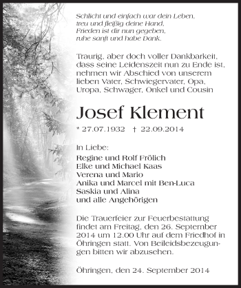 Traueranzeige von Josef Klement 