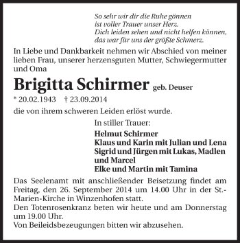 Traueranzeige von Brigitta Schirmer 