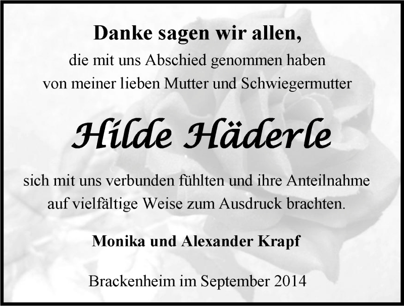  Traueranzeige für Hilde Häderle vom 24.09.2014 aus 