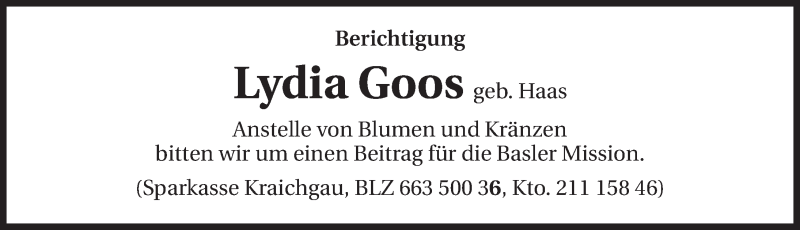  Traueranzeige für Lydia Goos vom 24.09.2014 aus 