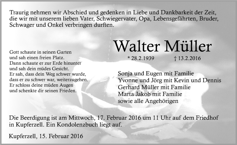  Traueranzeige für Walter Müller vom 15.02.2016 aus 