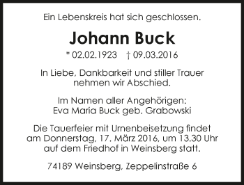 Traueranzeige von Johann Buck 