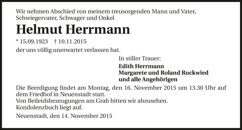  Traueranzeige für Helmut Herrmann vom 14.11.2015 aus 