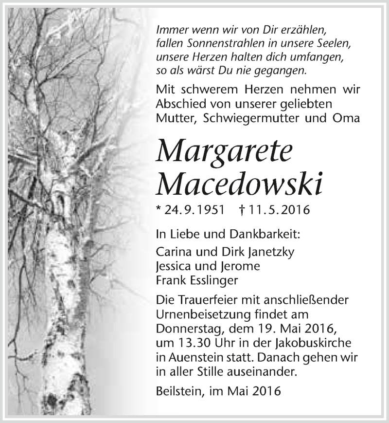  Traueranzeige für Margarete Macedowski vom 17.05.2016 aus 