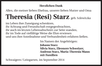Traueranzeige von Theresia Starz 
