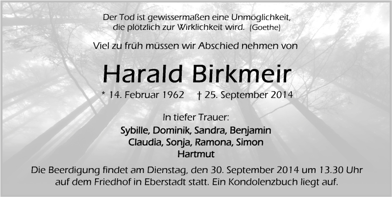  Traueranzeige für Harald Birkmeir vom 27.09.2014 aus 