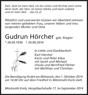 Traueranzeige von Gudrun Hörcher 
