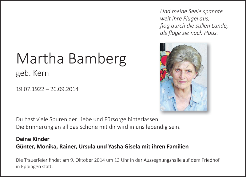  Traueranzeige für Martha Bamberg vom 07.10.2014 aus 