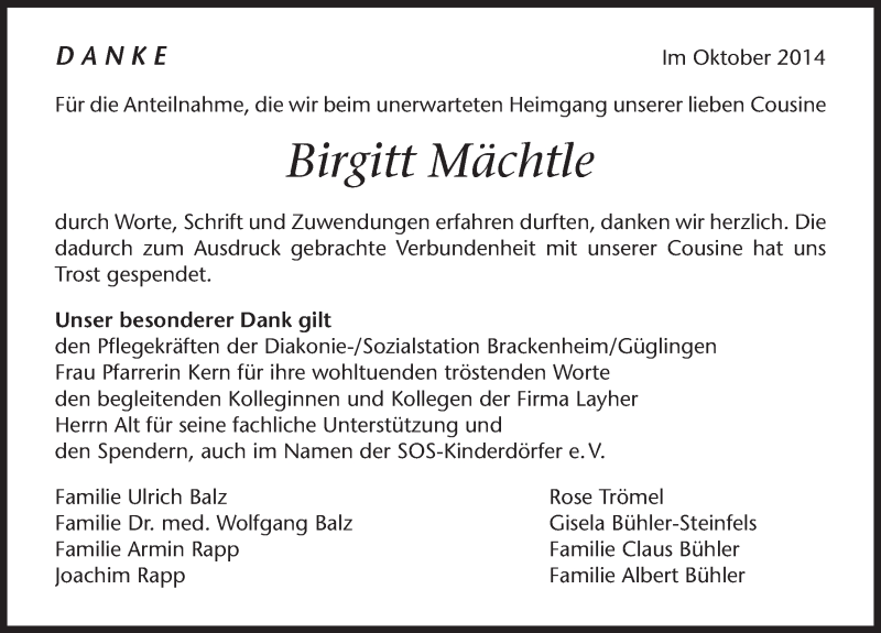  Traueranzeige für Birgitt Mächtle vom 06.10.2014 aus 