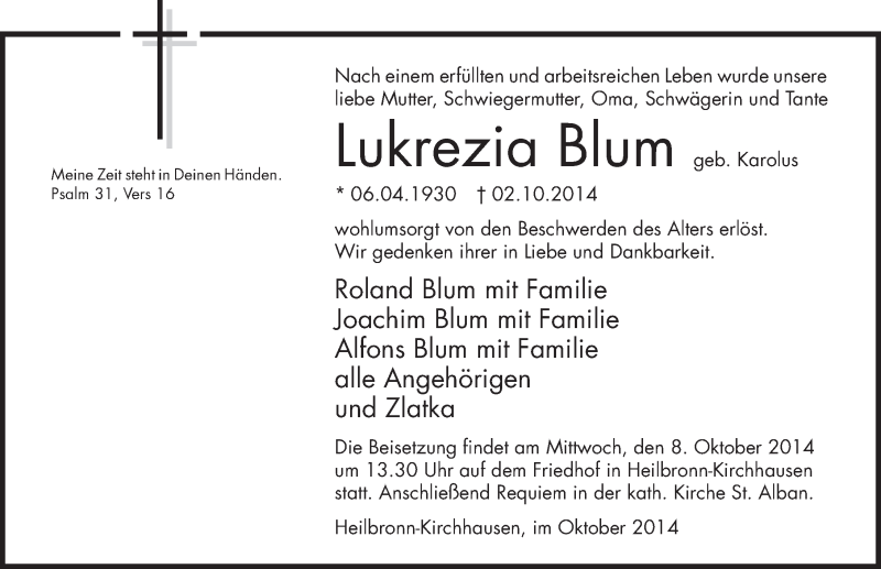  Traueranzeige für Lukrezia Blum vom 06.10.2014 aus 
