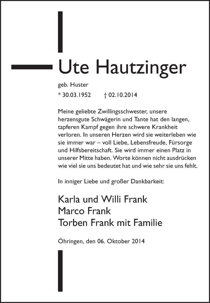  Traueranzeige für Ute Hautzinger vom 07.10.2014 aus 
