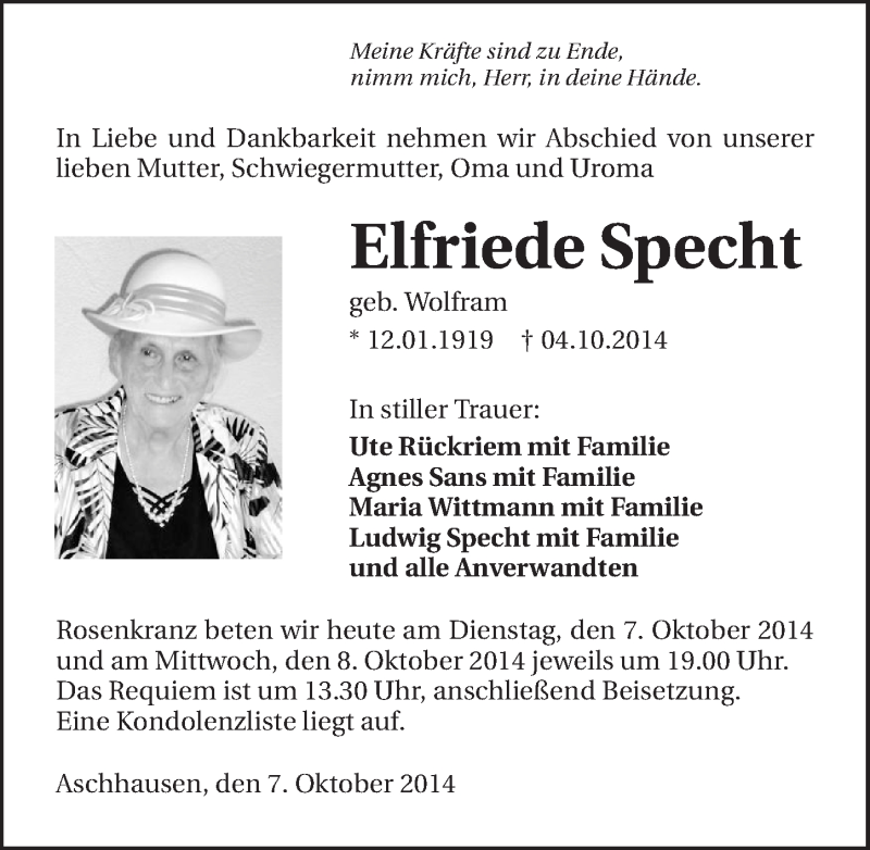  Traueranzeige für Elfriede Specht vom 07.10.2014 aus 