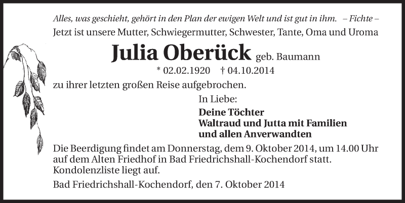  Traueranzeige für Julia Oberück vom 07.10.2014 aus 