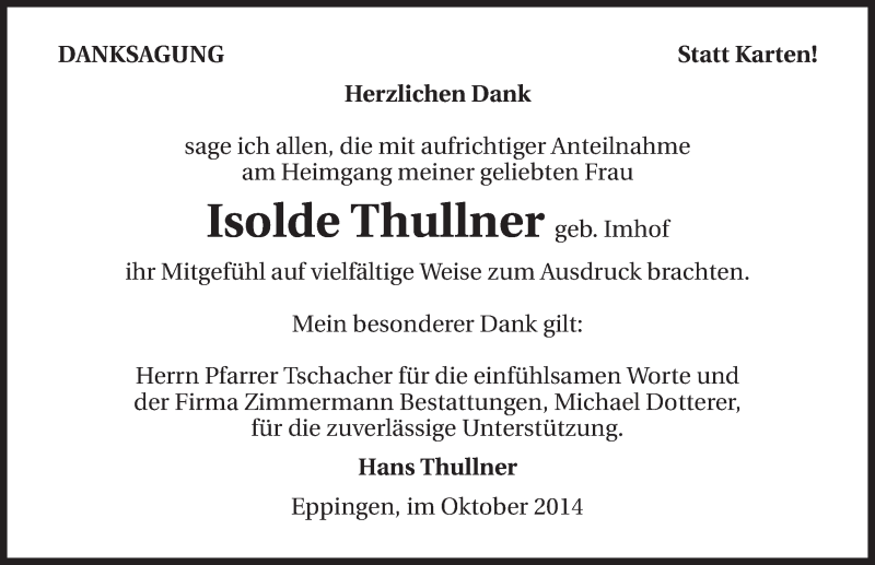  Traueranzeige für Isolde Thullner vom 09.10.2014 aus 