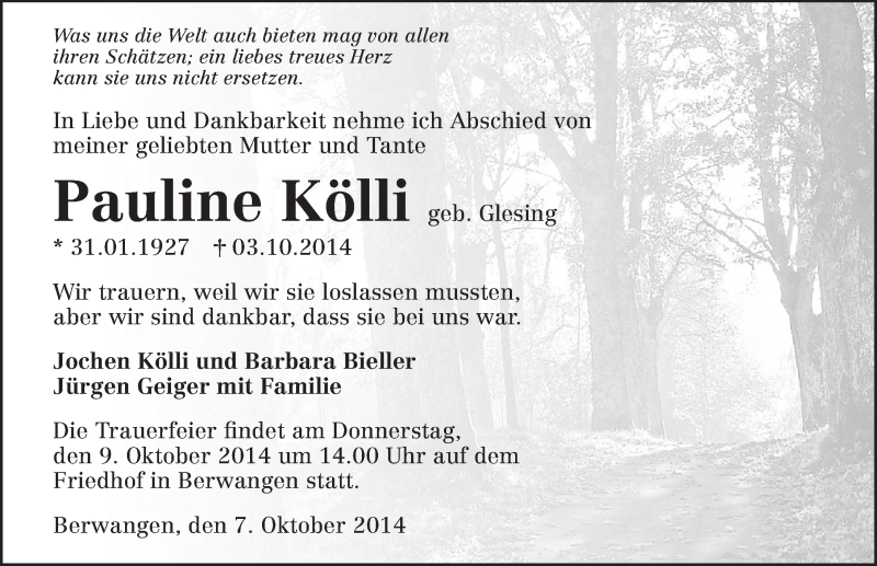  Traueranzeige für Pauline Kölli vom 07.10.2014 aus 