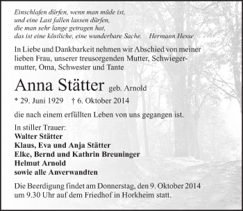Traueranzeige von Anna Stätter 