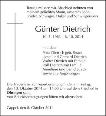Traueranzeige von Günter Dietrich 