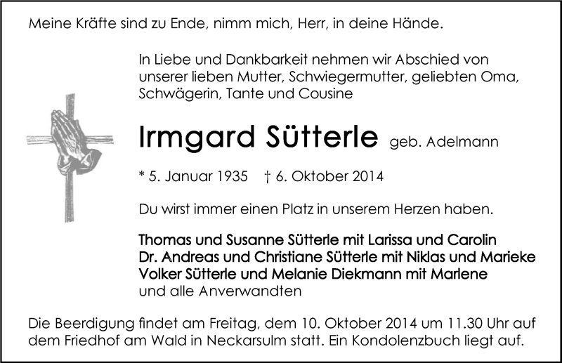  Traueranzeige für Irmgard Sütterle vom 08.10.2014 aus 
