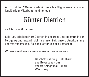 Traueranzeige von Günter Dietrich 